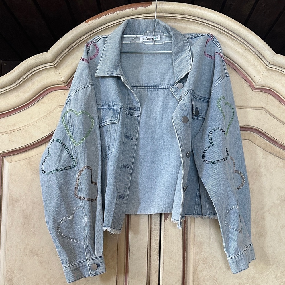 MACARON Light Wash Denim Jacket with Multicolor Heart Rhinestones